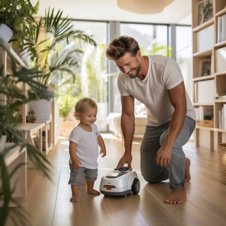Family man vacuuming in the household
