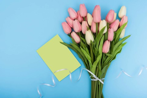 Bouquet tulips with green card