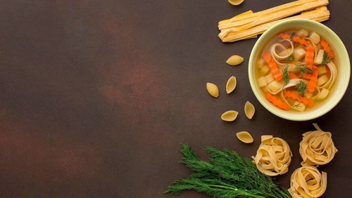 Top view winter vegetables soup bowl with