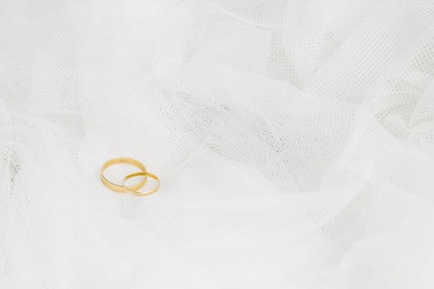 Wedding rings with bridal veil