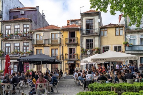 Street cafe and bar in the historic old town in Porto