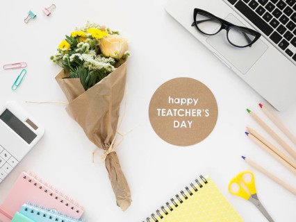 Flat lay teacher desk concept
