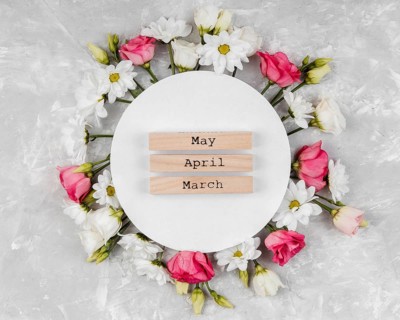 Top view beautiful spring flowers composition with round card