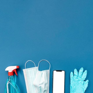 Top view medical mask gloves with blank phone