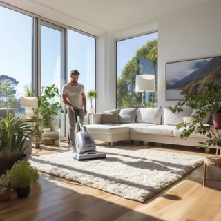 Family man vacuuming in the household