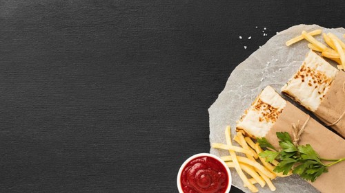 Top view delicious kebab with ketchup french fries