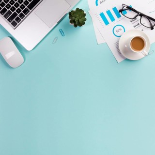 Mouse laptop cactus plant eyeglasses budget plan coffee cup blue background
