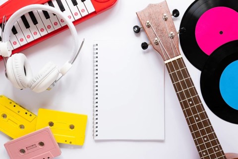 Flat lay music concept white background