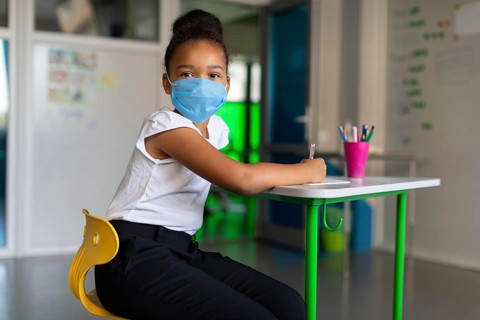 Little girl using medical mask class