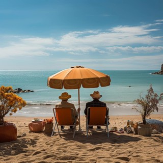 Retired couple sitting on sun loungers under an umbrella and looking at the sea