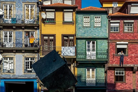 Typical houses at the Praca Ribeira square in the old town of Porto