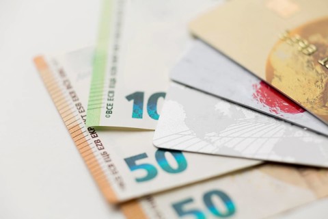 Close up credit cards bank notes