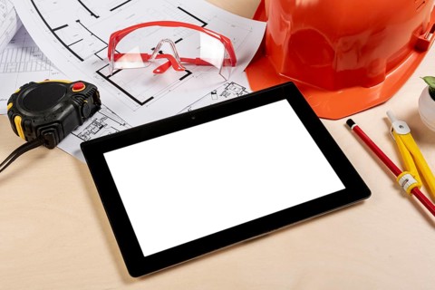 High angle desk with tablet it mock up