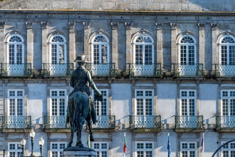 Equestrian Monument to Dom Pedro IV and the InterContinental Hotel at Palacio das Cardosas in Porto