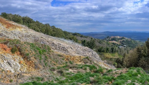 Biancane Geothermal Park and the town in the background