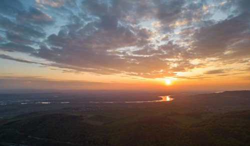 Aerial view of sunrise over the Danube