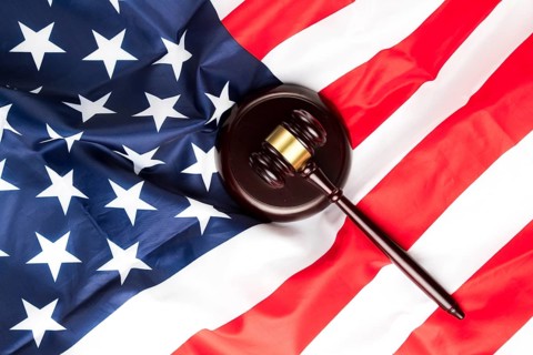 Top view judge gavel american flag