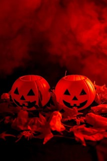 Halloween pumpkins on autumn leaves with smoke on a red background