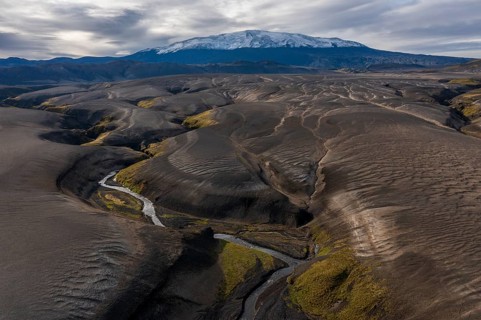 Landscape around snow-covered volcano Hekla