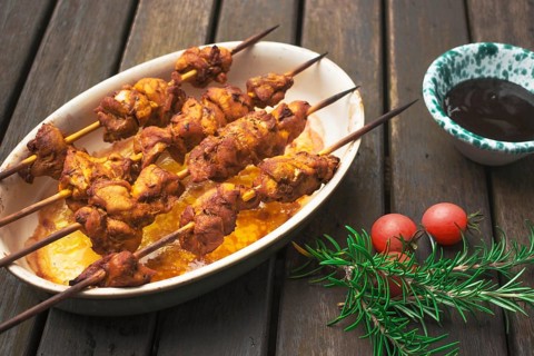 Delicious meat shish kebabs served table