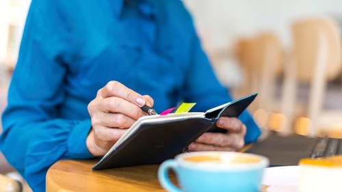 Older business woman working laptop writing agenda