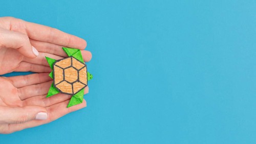 Top view hands holding paper turtle with copy space animal day