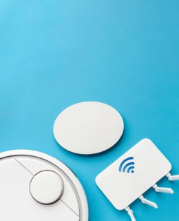 Top view wi fi router with vacuum cleaner copy space