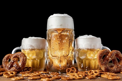 Traditional bavarian beer pretzels table