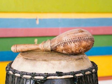 Percussion instruments with colorful wall