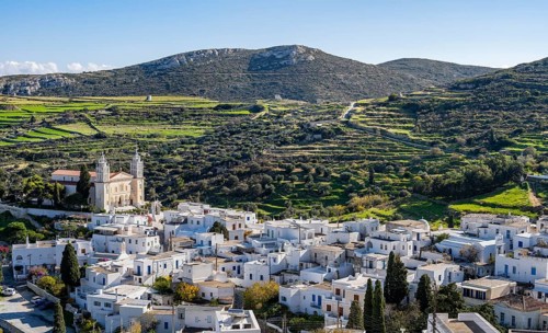 View over the village of Lefkes with white Cycladic houses