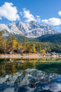 Zugspitze massif and Zugspitze reflected in Eibsee lake