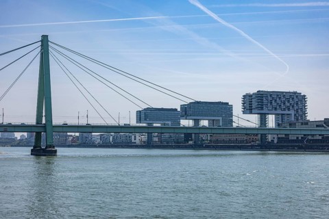 Severinsbruecke in front of the crane houses and Rheinauhafen