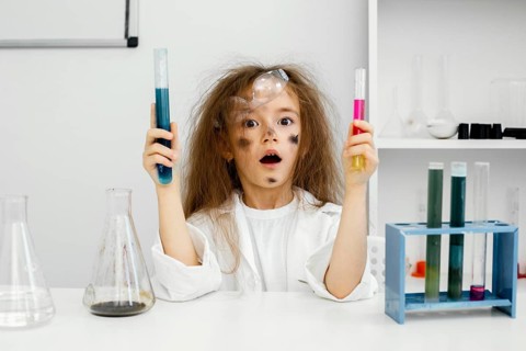 Front view girl scientist laboratory with test tubes failed experiment