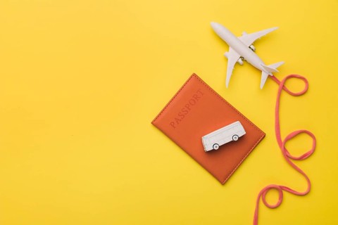 Composition toy jet with airline passport bus