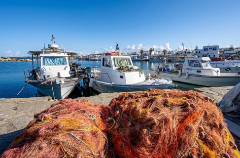 Fishing nets and boats in Naoussa harbour