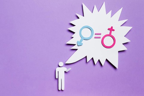 Cardboard man with equal rights speech bubble