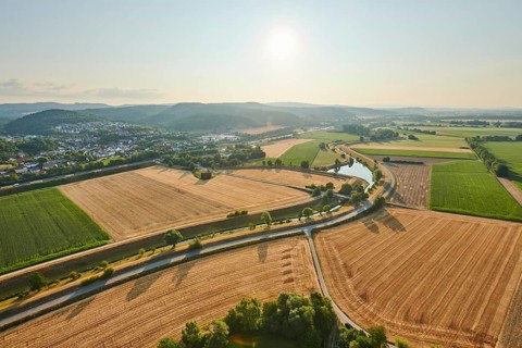 Aerial view over the fields and forests near Woerth an der Donau