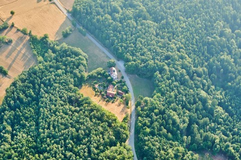 Aerial view over the fields and forests near Woerth an der Donau