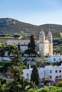 View over the village of Lefkes with the church of Agia Triada