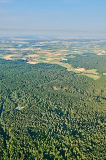 Aerial view over the fields and forests near Woerth an der Donau