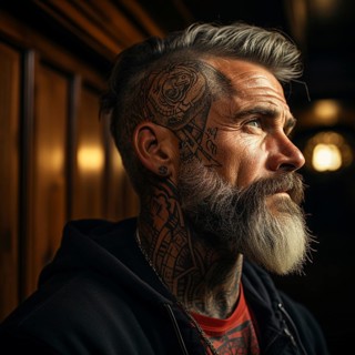 Man with tattoos on upper body on the beach and beach club