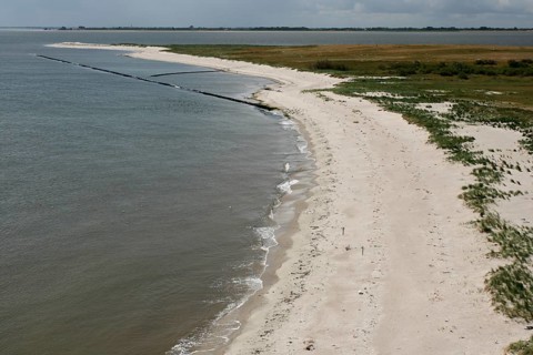View from the radar tower of the island of Minsener Oog onto the eastern beach