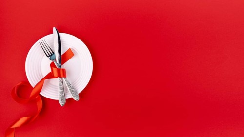 Top view cutlery plate with ribbon copy space