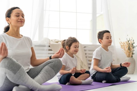 Medium shot people yoga mat
