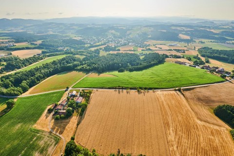 Aerial view over the fields and forests near Woerth an der Donau