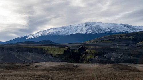 Landscape around snow-covered volcano Hekla