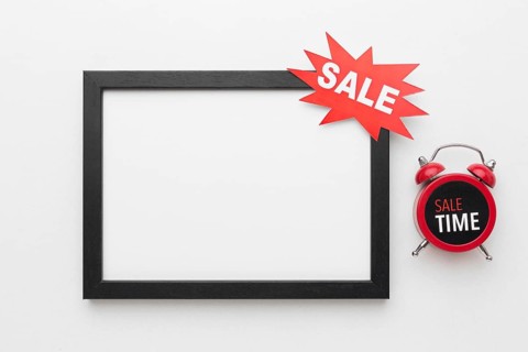 Copy space frame with sale label clock