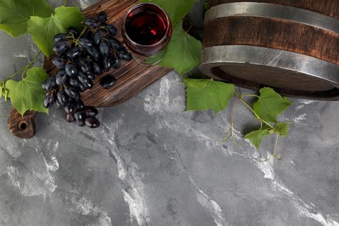 Top view wine barrel marble background