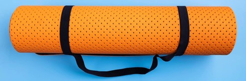 Top view yoga mat blue background