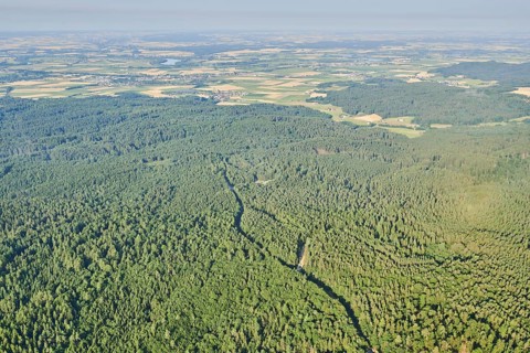 Aerial view over the fields and forests near Woerth an der Donau